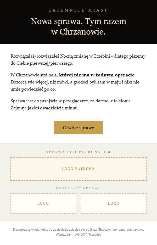 Mail do graczy z ciemną belką nagłówka, treścią o nowej sprawie i paskiem partnerów na dole