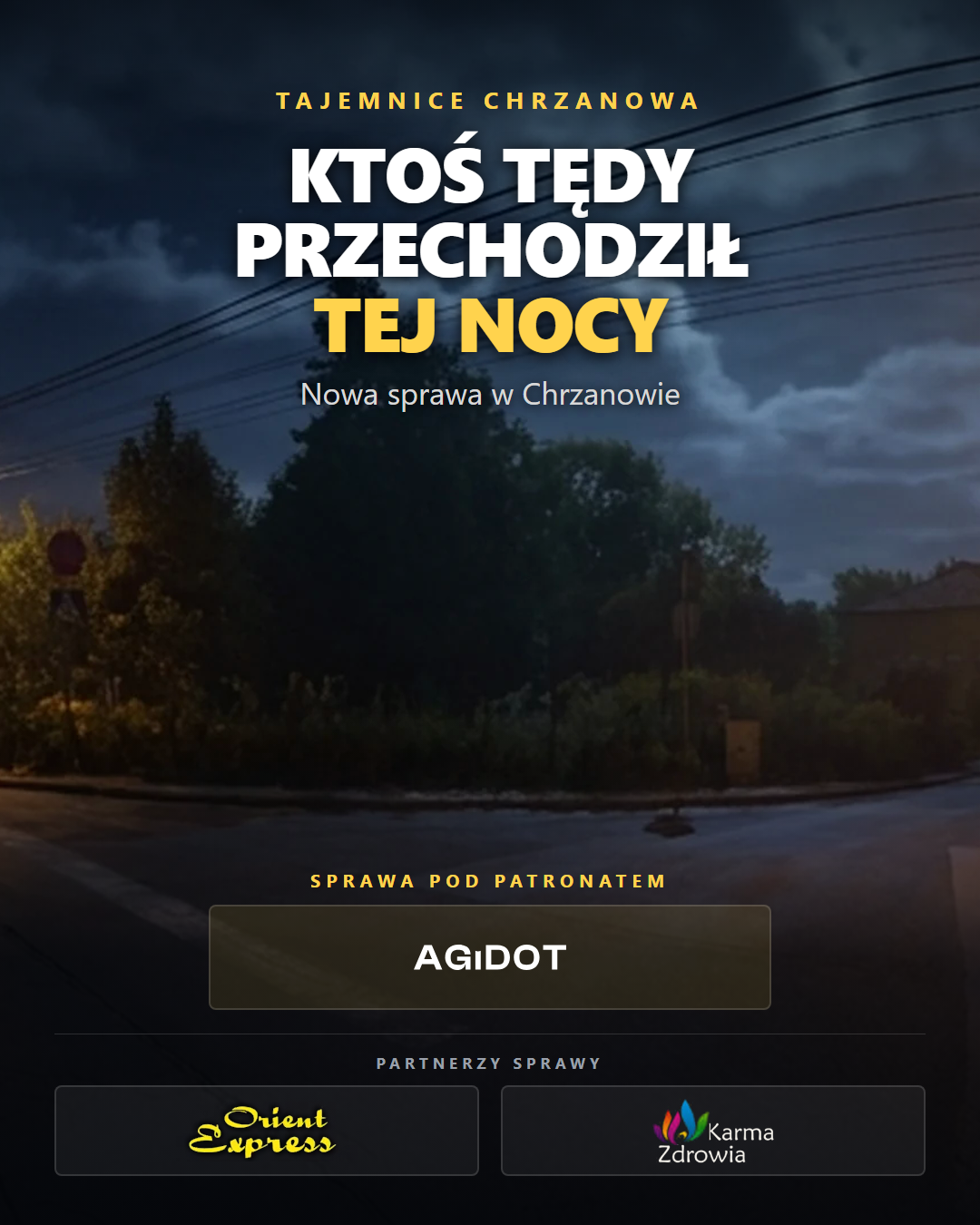 Post z panoramą nocnego miasta i paskiem sponsorskim na dole: logo Patrona i dwa logo partnerów